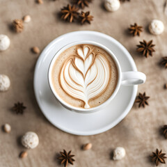 Plano cenital delicioso capuchino estampado en la parte superior con una hoja de espuma. Café de cafetería servido en taza blanca de porcelana sobre un fondo beige y lleno de especias. Hecho con IA.