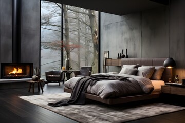A monochromatic bedroom in grey colors with a fireplace and a cozy view through the big window
