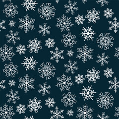 White snowflakes background, elegance vector Christmas seamless pattern with small snow flakes on dark backdrop. Winter holidays texture. Repeat design for wallpapers, wrapping, scrapbook, textile.