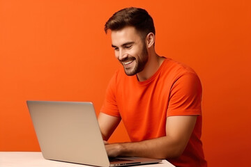Side view young smiling man wears t-shirt casual clothes hold use work point on laptop pc computer browsing internet isolated on orange red color background studio