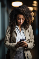 Young busy stressed upset African American business woman holding cellphone using mobile phone, looking at smartphone feeling tired frustrated reading bad news on financial market working in office