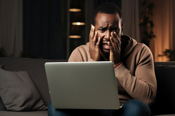 African American man sit on couch hold pc on lap cant believe in luck online lottery win crying from happiness, received awful bad news feels unhappy