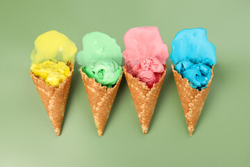 Melted ice cream in wafer cones on pale green background, flat lay