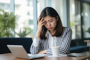 Young busy stressed upset Asian business woman holding cellphone using mobile phone, looking at smartphone feeling tired frustrated