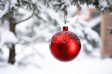 a red christmas ball ornament hanging from a snow-covered outdoor tree