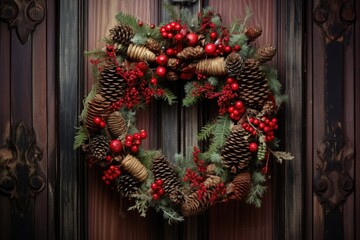 Fototapeta na wymiar a christmas wreath with pine cones and red berries on a wooden door