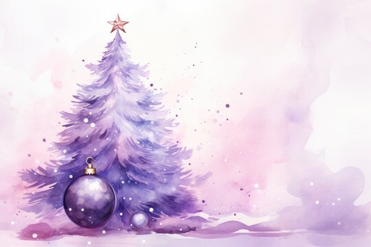  a watercolor painting of a christmas tree with a bauble ornament on top of it and a star on top of the top of the tree.