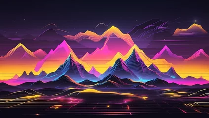 Papier Peint photo autocollant Aubergine Yellow neon grid mountain landscape with retro waves in game style from Generative AI