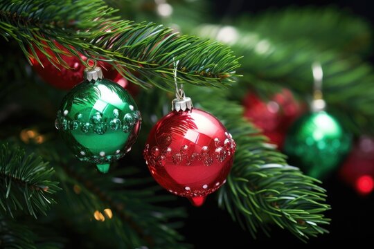 close-up of red and green baubles on a pine tree