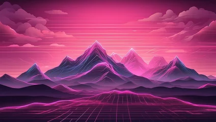 Poster Pink neon grid lines mountain landscape with retro waves in game style from Generative AI © SevenThreeSky