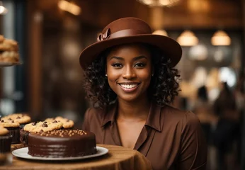 Schilderijen op glas Charming beautiful black women wearing brown lather jacket and hat, cake on tabletop, blurred background  © MochSjamsul