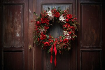 a christmas wreath hanging on a vintage wooden door