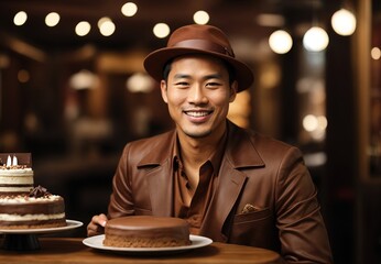 Charming handsome asian men wearing brown lather jacket and hat, cake on tabletop, blurred background 