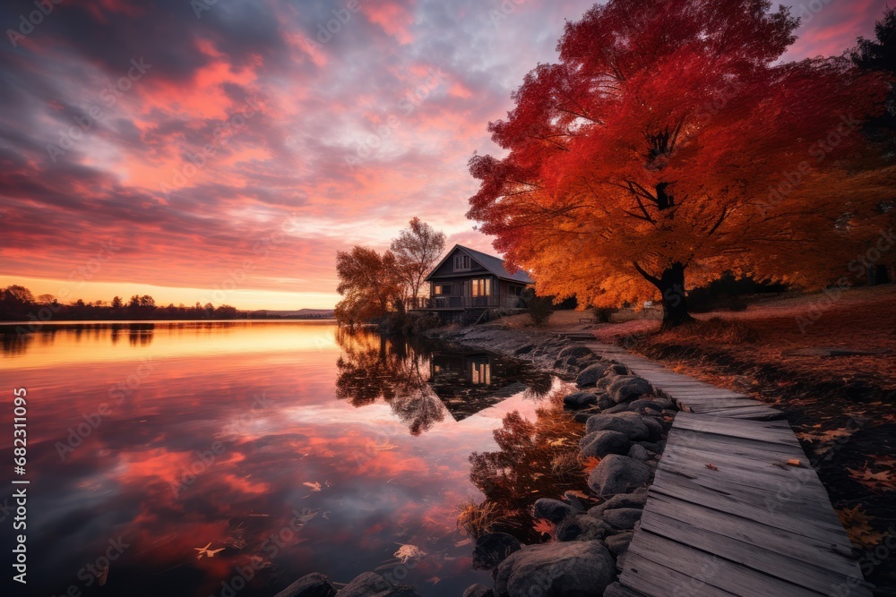 Poster a house sits on the edge of a body of water with a dock in front of it and a tree with red leaves on