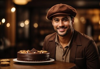 Charming handsome white men wearing brown lather jacket and hat, cake on tabletop, blurred background 