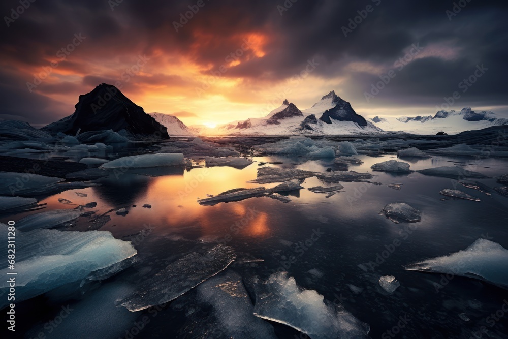 Poster a group of icebergs floating on top of a body of water under a sky filled with clouds and a sun sett