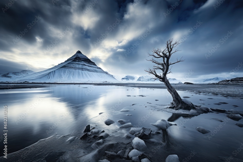Poster a lone tree sitting on the shore of a lake in front of a mountain with a snow - capped peak in the d
