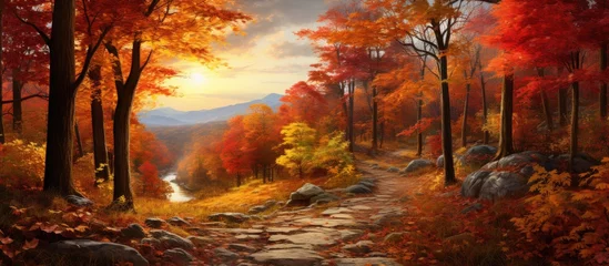 Poster In the golden light of a fall afternoon, a picturesque landscape unfolds before the viewer's eyes, showcasing a breathtaking forest with trees adorned in fiery red and vibrant yellow leaves. The © 2rogan