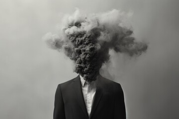  a black and white photo of a man in a suit with a cloud of smoke coming out of the top of his head in front of a black and white background.