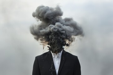  a man in a suit with a lot of black smoke coming out of the top of his head in front of a cloud of smoke coming out of his head. - obrazy, fototapety, plakaty