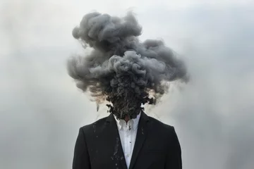 Fotobehang  a man in a suit with a lot of black smoke coming out of the top of his head in front of a cloud of smoke coming out of his head. © Nadia