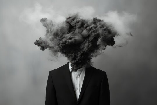  a black and white photo of a man in a suit and tie with smoke coming out of the top of his head in front of a black and white background.
