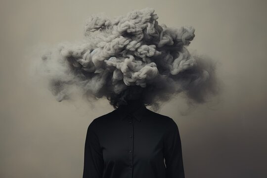  a person standing in front of a cloud of smoke on a gray background with a black shirt on top of his head and a black shirt on the bottom of his head.