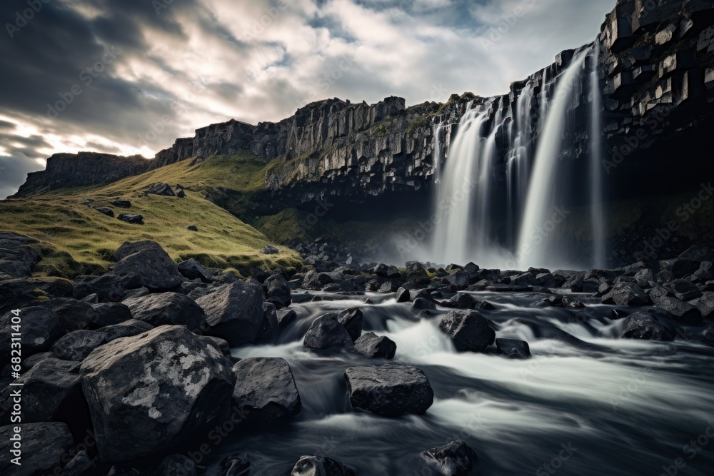 Poster a waterfall in the middle of a river with rocks in the foreground and a grassy hill in the backgroun