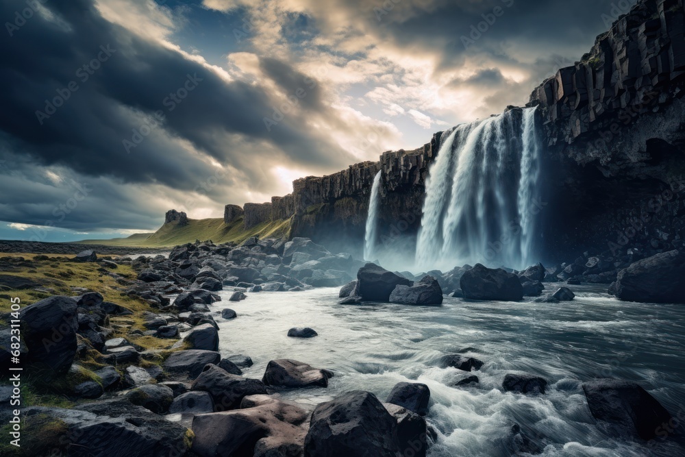 Poster a waterfall in the middle of a large body of water with rocks in the foreground and a cloudy sky in 