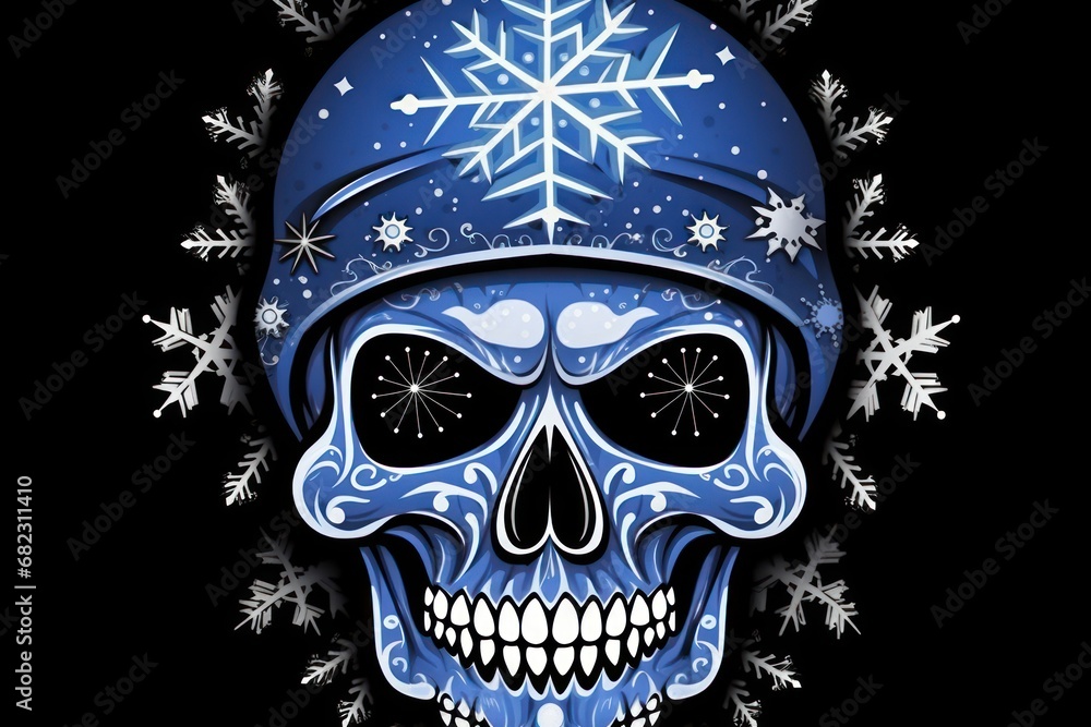 Poster a skull wearing a helmet with a snowflake on it's head and a snowflake on its forehead, with snowfla