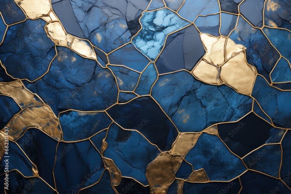 Poster a close up view of a blue and gold mosaic tile with gold foiling on the edges of the tiles and the t