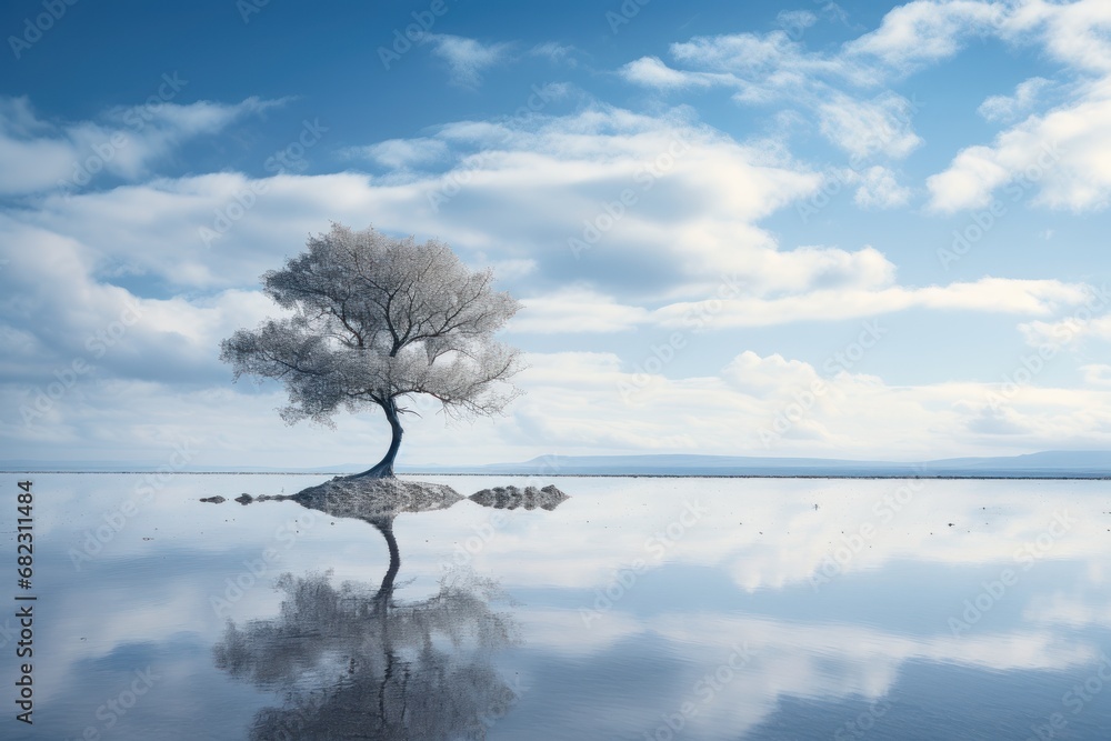 Poster a lone tree in the middle of a large body of water with a blue sky in the background and clouds in t