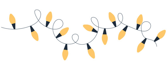 Decorative New Year, Christmas garland with yellow bright light bulbs. Simple style design element done by hand on a white isolated background. For printing, decoration, product design