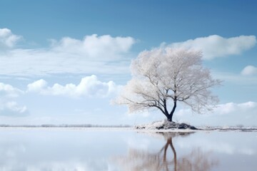  a lone tree sitting on top of a small island in the middle of a body of water with clouds in the sky above it and a blue sky with white fluffy clouds.
