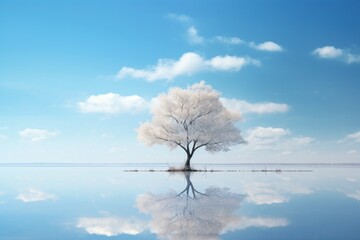 Fototapeta na wymiar a lone tree in the middle of a large body of water with a blue sky and white clouds reflected on the surface of the water and a bright blue sky.