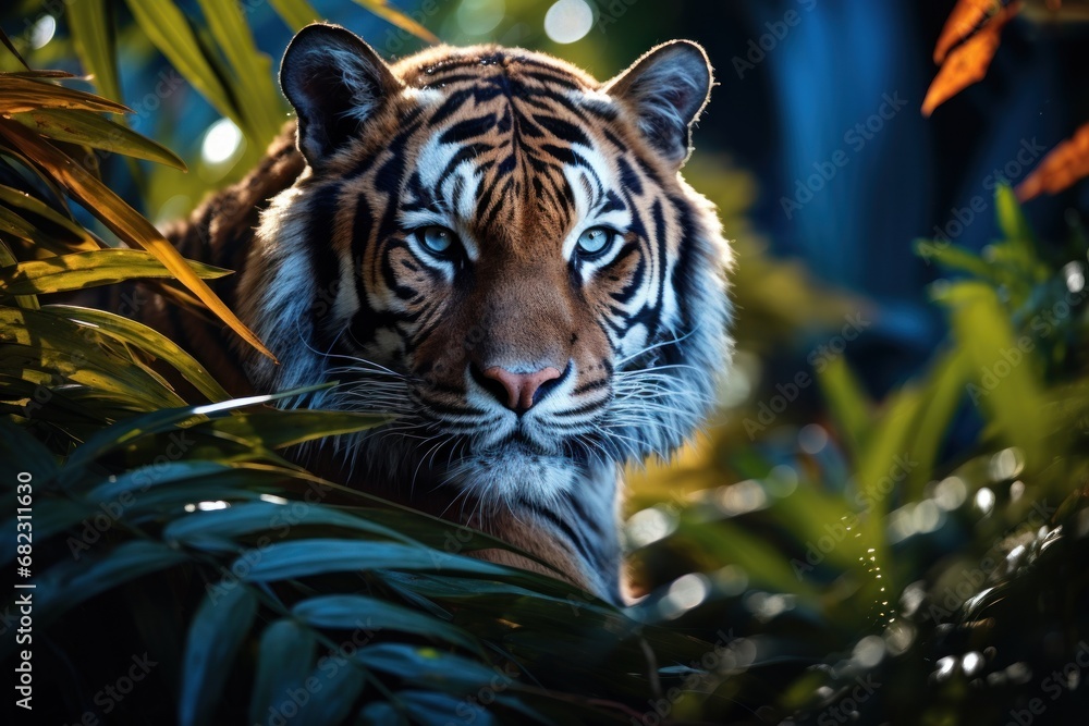Poster  a close up of a tiger in a tree with leaves in the foreground and a blurry background of leaves in the foreground and a blurry background.