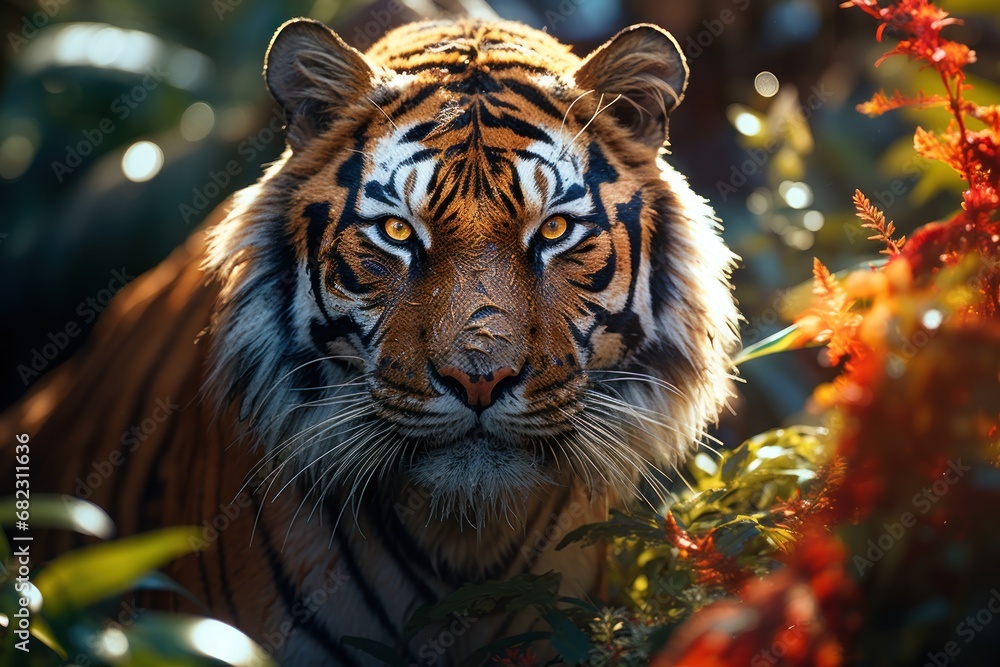 Poster  a close up of a tiger's face in a forest of trees and bushes with red flowers in the foreground and a blurry background of the image of the tiger's head.