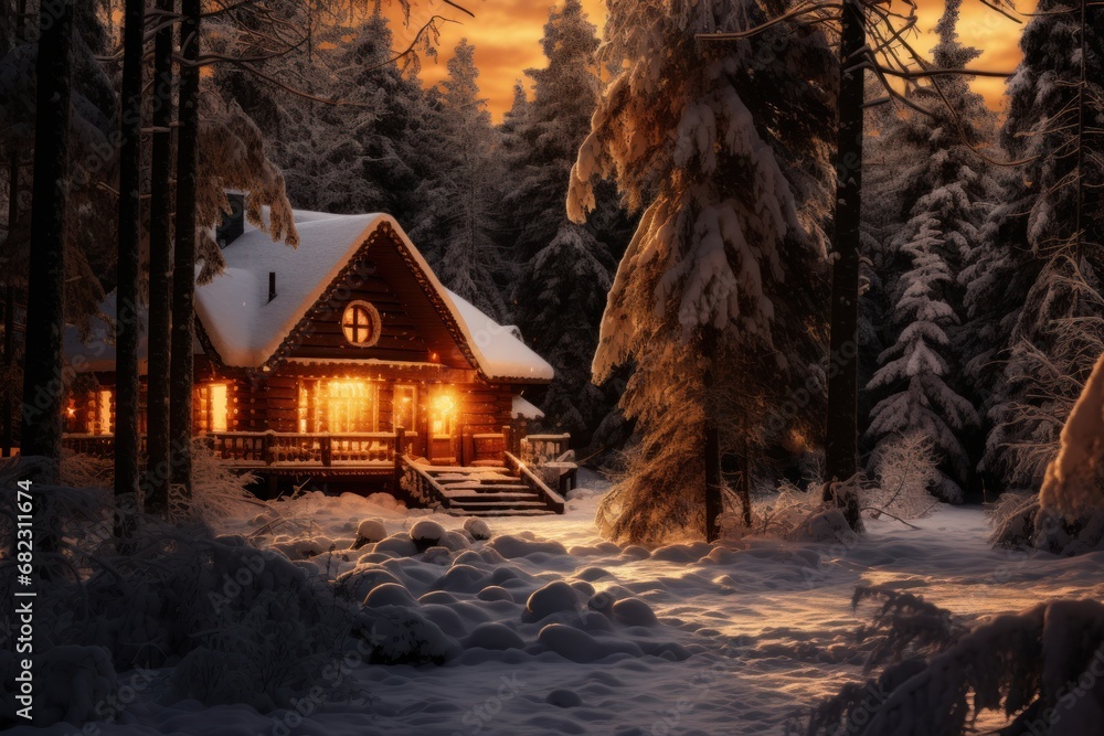 Poster a cabin in the middle of a forest with snow on the ground and trees on either side of the cabin, lit