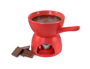 Fondue pot with melted chocolate and pieces of chocolate bar isolated on white