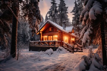  a cabin in the middle of a forest with snow on the ground and trees on either side of the cabin, lit up by a bright light from the window.
