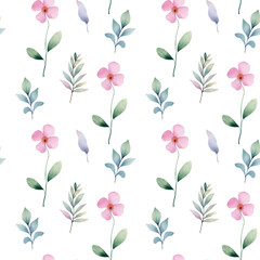 Watercolor floral background. Seamless pattern with delicate leaves and flowers. Hand drawn botanical wallpaper
