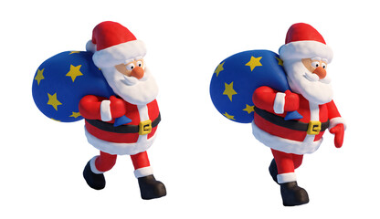 Plasticine Santa Claus with a bag walks. Cartoon Santa. 3d isolated illustration.
