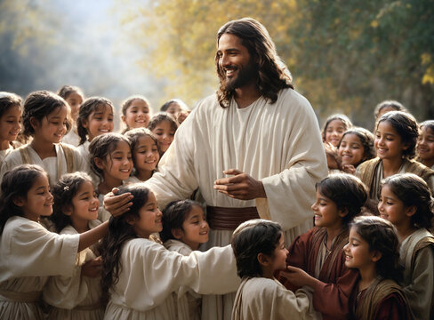 Jesus Christ bless the little children. Religious biblical theme concept.