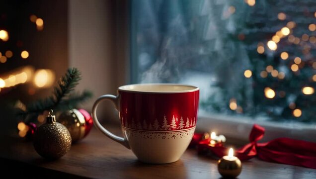 Cup in front of the window in the cozy room with Christmas decorations, particle bokeh lightning, shimmer. A cup of tea or coffee by the window with a view of the snow falling outside in winter. Jazz 