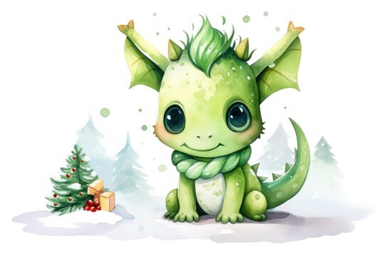  a green baby dragon sitting in front of a christmas tree with a present on it's chest and a small christmas tree on the other side of the picture.