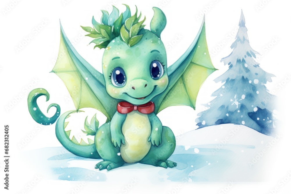 Poster a green dragon with a red bow tie sitting in the snow with a pine tree in the back ground and a snow