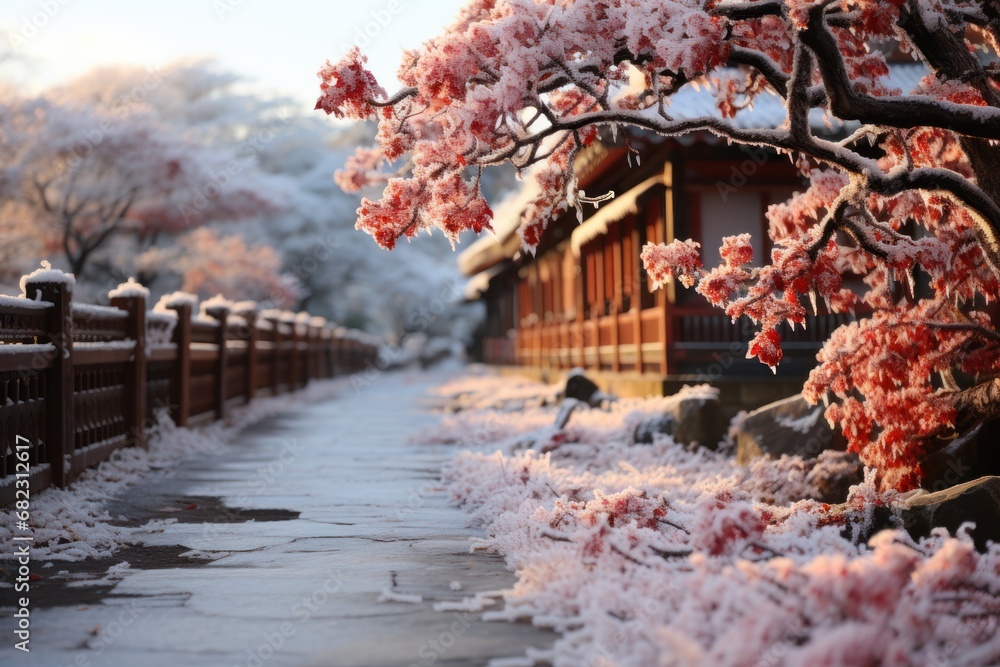 Poster a snow covered path next to a wooden fence and a tree with red leaves on it and a building in the ba