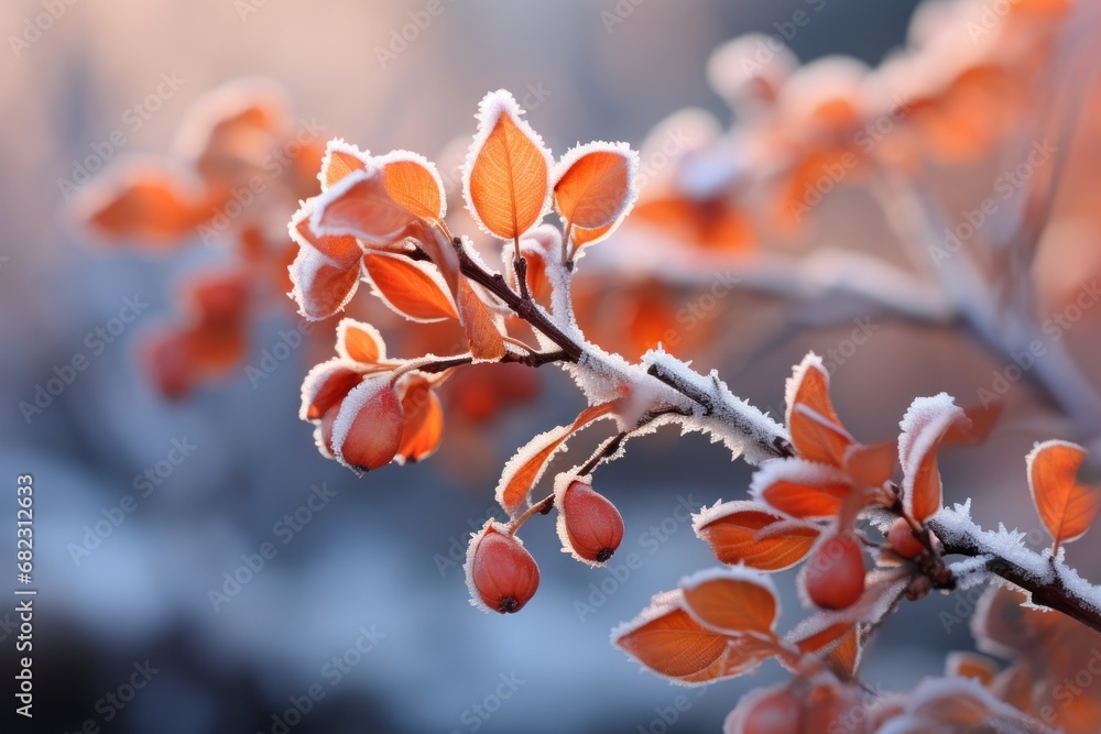 Poster a close up of a branch of a tree with orange leaves and snow on the top of the branches and a blurry