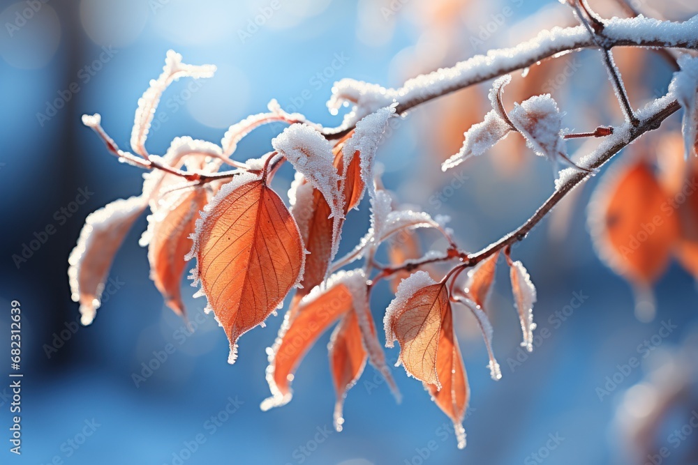 Poster a close up of a tree branch with snow on it and leaves in the foreground and a blurry background of 