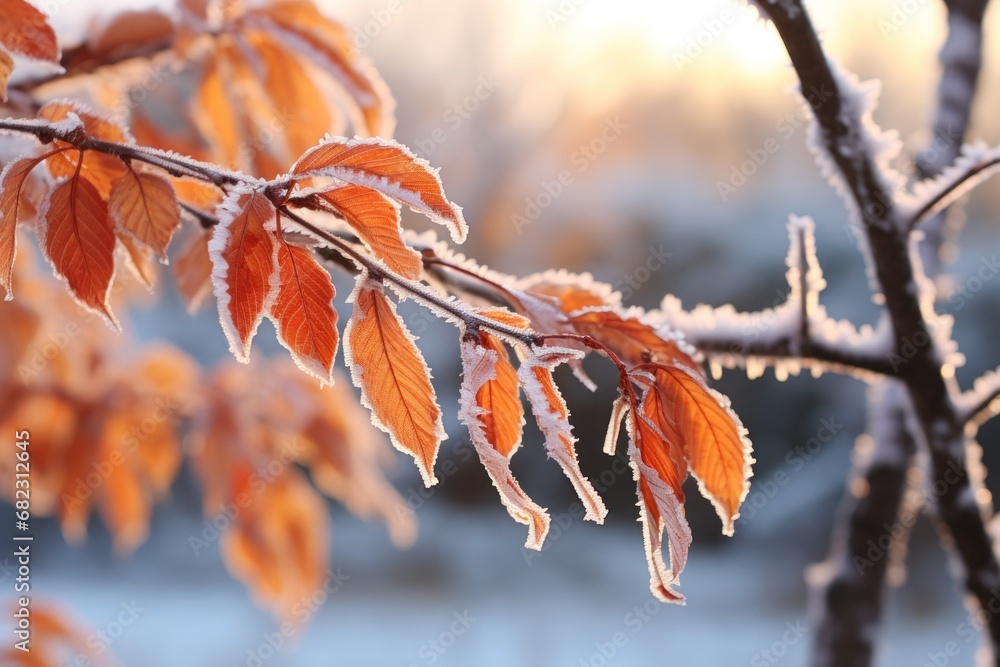 Poster a close up of a tree branch with leaves and ice on the branches and a blurry background of snow on t